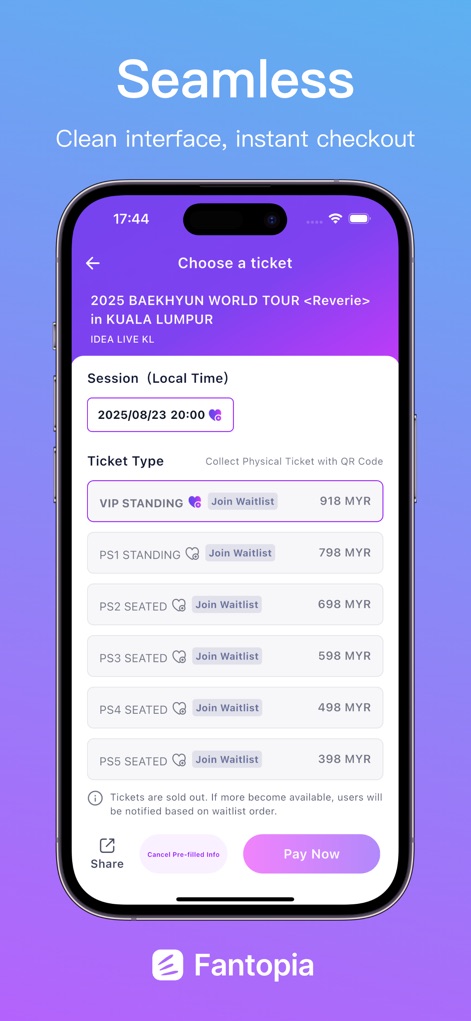 Fantopia - Die App präsentiert eine übersichtliche Auflistung verschiedener Ticketkategorien mit Preisen und ermöglicht die Anmeldung zur Warteliste für ausverkaufte Optionen.