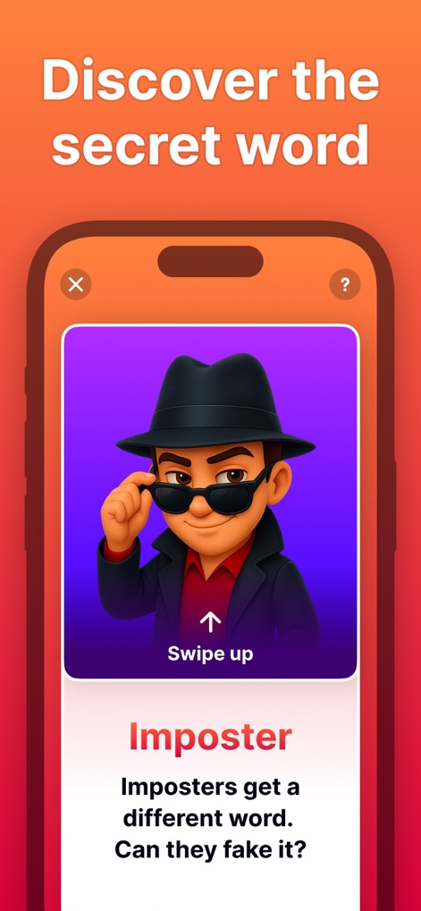 Imposter - Who is the Spy? - This visual reveals the "Imposter" role's objective and shows the interactive "Swipe up" mechanic for word discovery.