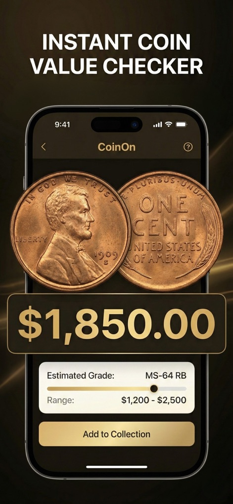 CoinOn - coin value identifier - Esta herramienta ofrece una valoración monetaria detallada de las monedas, presentando un precio estimado de "$1,850.00" y un rango de valor para el "Lincoln Penny de 1909".