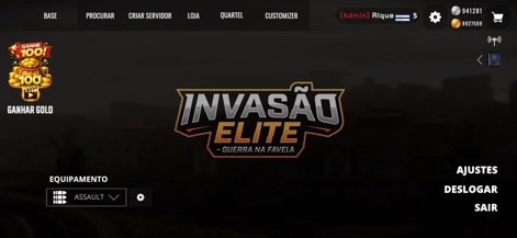 Invasão Elite - La pantalla de inicio presenta el distintivo logo "Invasão Elite - Guerra na Favela" y ofrece acceso directo a opciones clave como ajustes y la gestión de equipo, con una clara visualización de la moneda del juego.