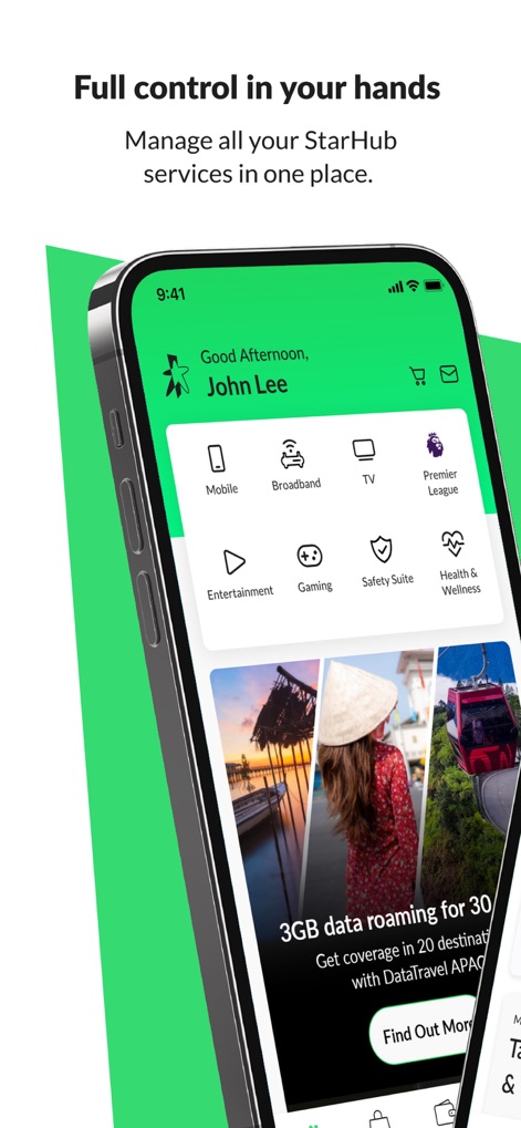 StarHub App - La pantalla de inicio presenta un tablero personalizable con categorías clave y una navegación inferior intuitiva que permite a los usuarios gestionar sus planes y explorar ofertas como el roaming de datos.