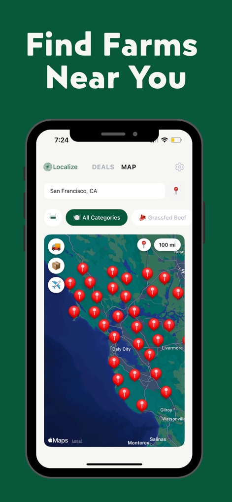 Localize - Farmers Market - Users can easily find nearby farms using the interactive map display and refine their search with category filters like "Grassfed Beef".