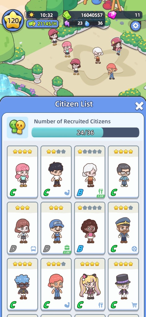 Happy Citizens - Mayor Sim - This view demonstrates the thriving population within the city's green spaces and the comprehensive "Citizen List" interface, where users can review and manage their diverse residents.