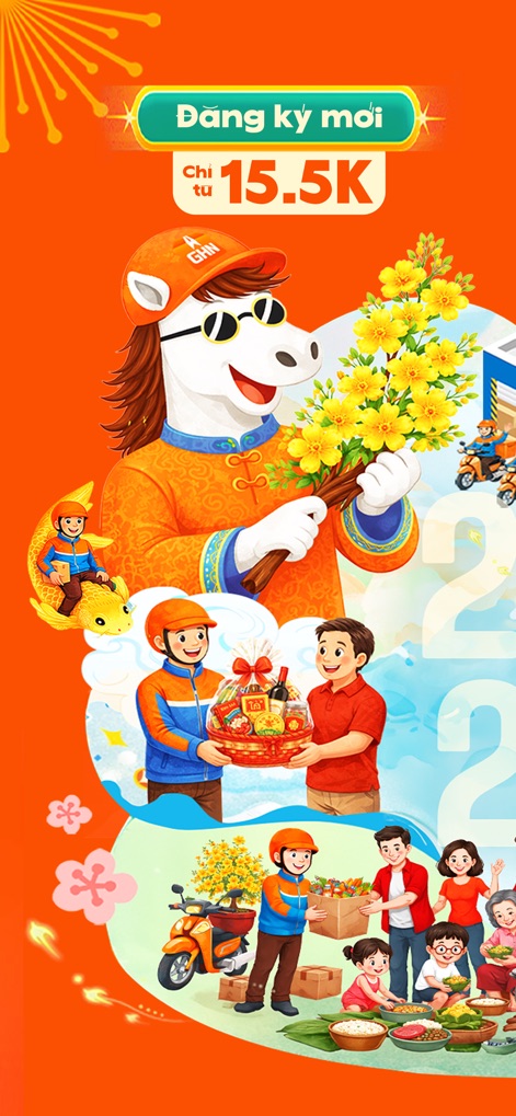 GHN - Giao Hàng Nhanh - Esta captura celebra el inicio de nuevas cuentas, destacando el costo accesible de 15.5K y la iconografía festiva que evoca el Tet, festividad vietnamita.
