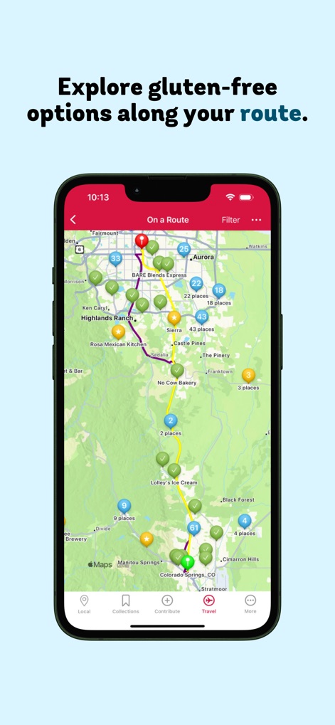 Find Me Gluten Free - The app assists with travel planning by displaying gluten-free stops directly along a user's defined route on an interactive map.