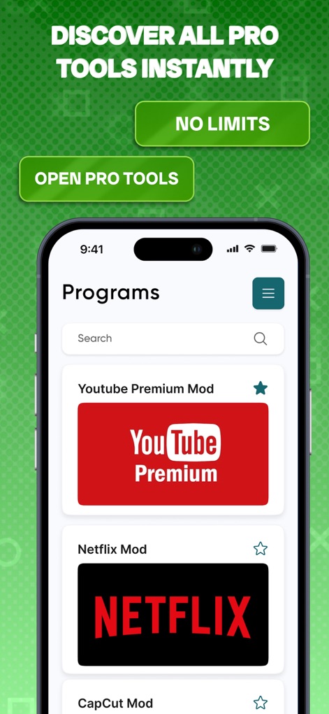 HapMod : Happy Game Mods - The app presents its "Programs" interface, offering premium modifications for services such as "Youtube Premium Mod" and "Netflix Mod" readily available for discovery.