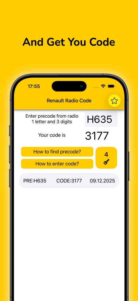 Radio Code for Renault Stereo - Die App zeigt den generierten vierstelligen Code deutlich an und führt eine praktische Historie mit Precode und dem zugehörigen Code.