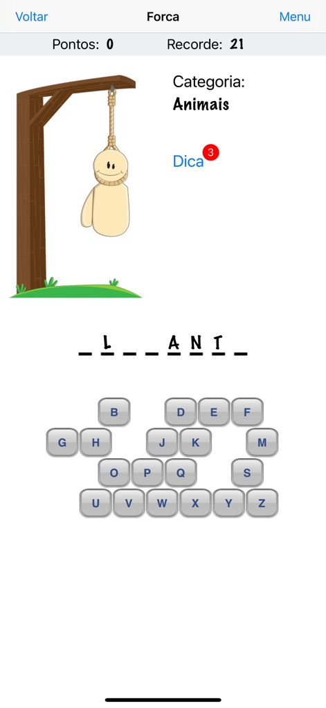 Forca - O melhor jogo da forca - The app showcases ongoing gameplay with further letters of the word being uncovered and the remaining available letters on the keyboard.