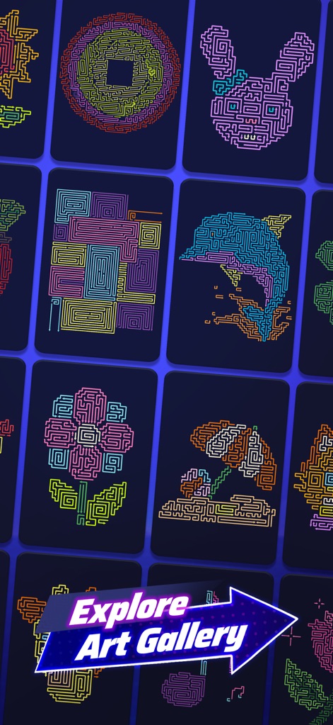 Arrow Game: Color Escape - La aplicación ofrece una amplia galería, mostrando una cuadrícula de mini-laberintos que forman diversas formas como animales y objetos, enriqueciendo la experiencia visual.