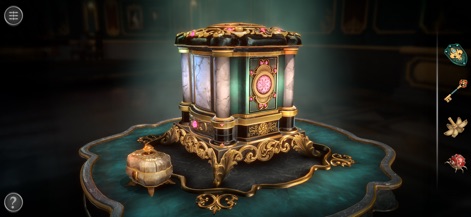 Boxes: Lost Fragments - Esta imagem destaca um dos intrincados quebra-cabeças, apresentando detalhes dourados e de mármore, juntamente com acentos rosa vibrantes que capturam o olhar do jogador.