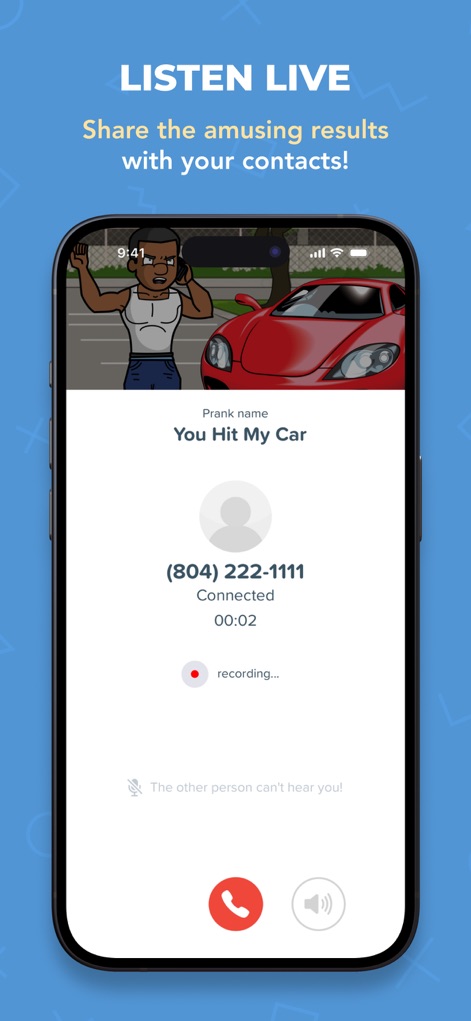Prank Caller - Phone Dial App - This tool allows users to listen live as pranks unfold, clearly showing the call status and recording indicator for seamless monitoring.
