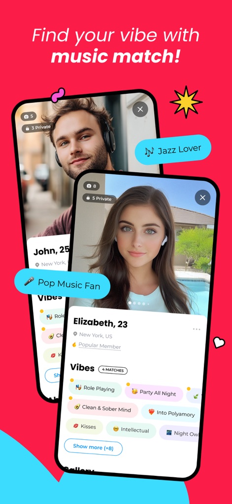 Once: Perfect Match Dating App - Users can explore potential connections by viewing detailed profiles, which include specific "Music Match" preferences like "Jazz Lover" and a comprehensive list of shared "Vibes."