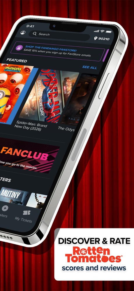 Fandango - Get Movie Tickets App Store screenshot 2, headline “DISCOVER & RATE”. Names another app.