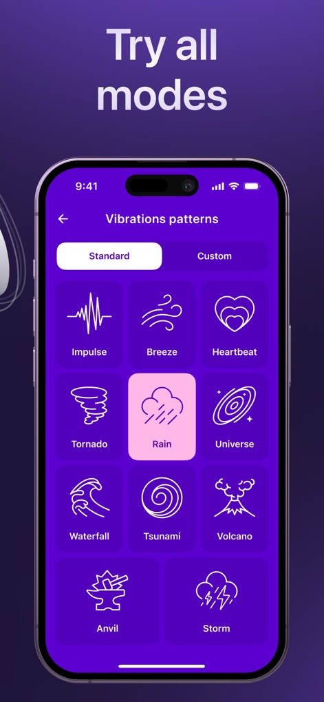 Massager - Strong Vibration - This view reveals the app's 'extensive library of vibration patterns', organized under 'Standard/Custom pattern selection tabs' for tailored experiences.