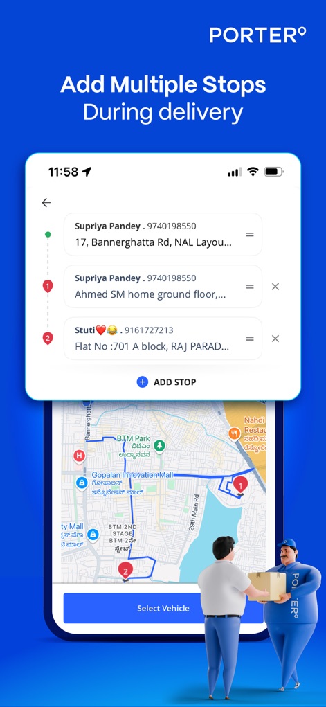Porter - Logistics Service App - A funcionalidade de múltiplos pontos de entrega é demonstrada, permitindo que os usuários adicionem e gerenciem várias 'paradas' de forma intuitiva no mapa exibido.