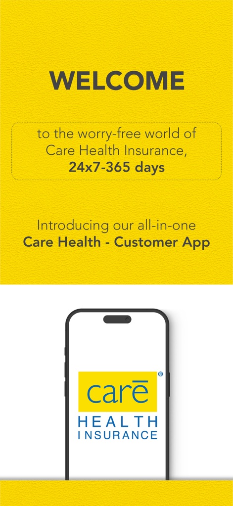 Care Health - Customer App - The app introduces users to a 24x7 worry-free world of health insurance, prominently featuring a welcoming banner and the official app logo.