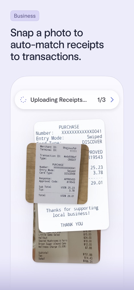 Mercury | Bank Differently - This tool simplifies expense reporting by demonstrating the "Uploading Receipts status" and showcasing "scanned receipt previews" for quick transaction matching.