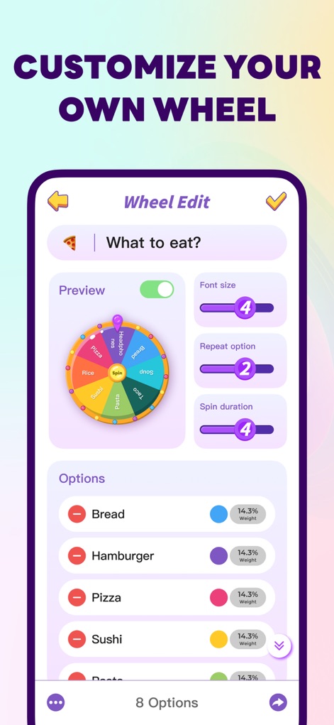 Spin Wheel - Random Pick - This tool offers extensive customization, allowing adjustment of "Font size" and precise editing of wheel "Options".