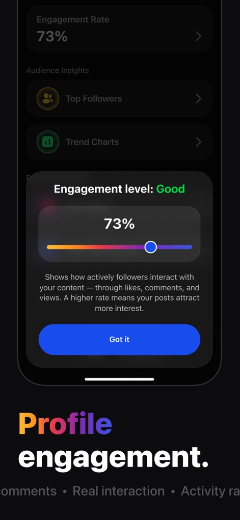 Followers & Unfollowers + - This tool provides critical data on 'Profile engagement', featuring a clear 'Engagement level' indicator and a percentage breakdown to understand audience interaction.