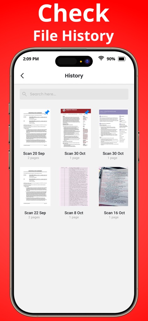 PDF Reader - Scanner app - Nutzer können hier ihren Scan-Verlauf einsehen, dargestellt durch eine chronologische Liste der gescannten Dokumente (X) mit jeweiligen Datumsangaben und Seitenzahlen (Y) für jede Datei.