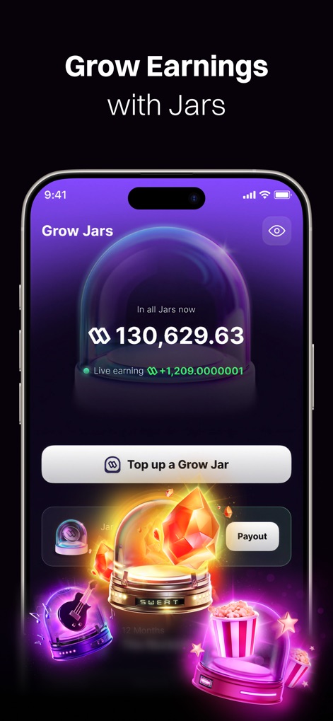 Sweat Wallet: Walk Into Crypto - Esta vista destaca la función 'Grow Jars' con un gran frasco transparente mostrando '130,629.63' SWEAT, ilustrando una forma gamificada de potenciar los retornos cripto.