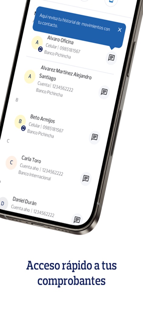 PICHINCHA BANCA MOVIL - La aplicación presenta una lista organizada de contactos bancarios, permitiendo el acceso rápido al historial y a los detalles de cada transacción directamente desde el perfil del contacto.