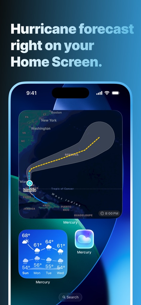 Mercury Weather - The app offers dynamic home screen widgets, including a prominent hurricane tracking map and a compact daily forecast overview for quick updates.