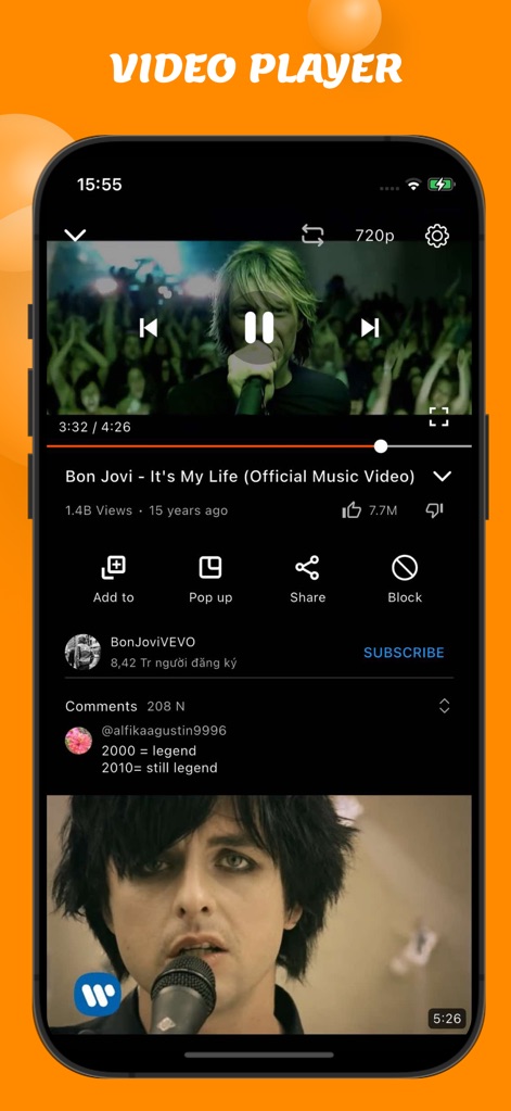OneTube: Music & Video Player - The app provides a comprehensive video player, complete with essential playback controls and a dedicated section for user comments and related content.