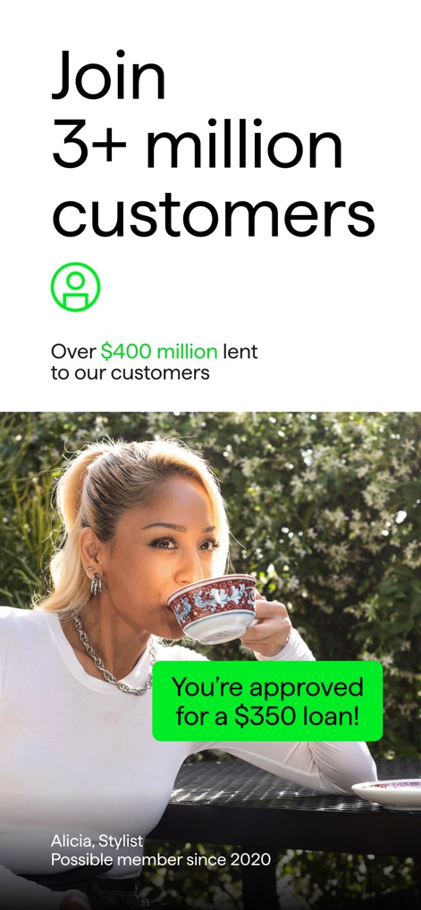 Possible: Fast Cash & Credit - The app proudly showcases its extensive community of "3+ million customers" and delivers instant "You're approved for a $350 loan!" notifications for users.