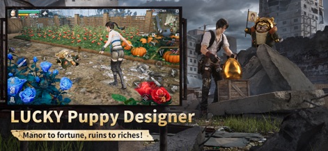 LifeAfter - Los jugadores pueden personalizar su entorno y compañeros, evidenciado por un floreciente jardín con rosas y calabazas en medio de un paisaje en ruinas, y la presencia de un perro acompañante con un diseño único.