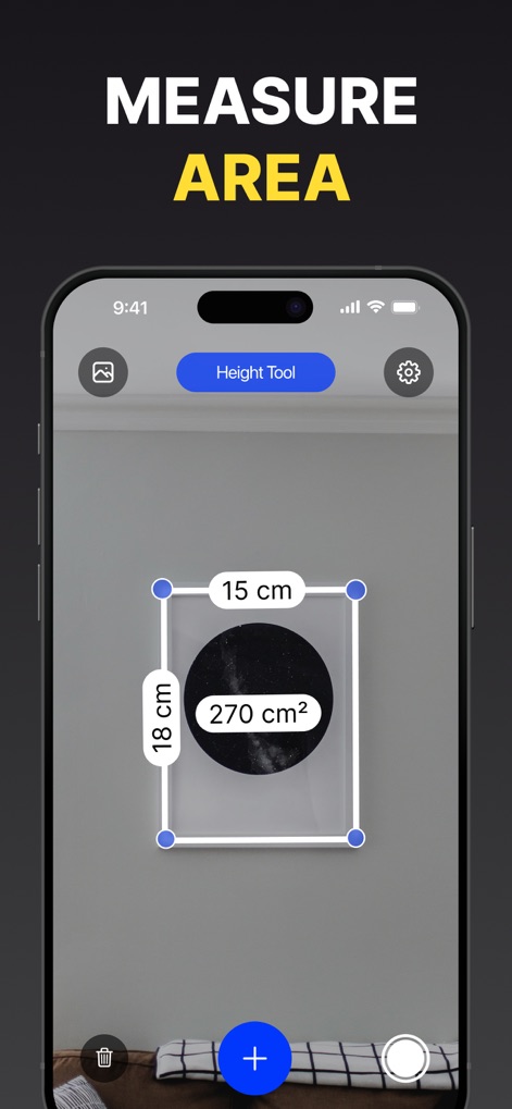 Measuring Tape+ Measure AR app - Discover how the app instantly calculates surface areas of objects, providing clear dimensions of 15 cm x 18 cm and a total area of 270 cm².