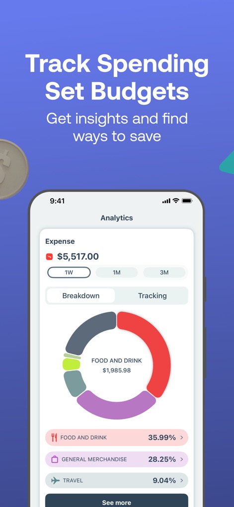 Vola: Cash Advance & Credit - The app offers a clear expense summary, showing total spending over a period, and a detailed categorized spending pie chart to help users understand their financial habits.