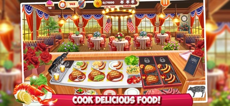 Cooking Mastery: Kitchen Games - Los usuarios descubren un comedor con decoración clásica estadounidense y una variedad de platos gourmet, incluyendo carnes a la parrilla y langosta, listos para servir.