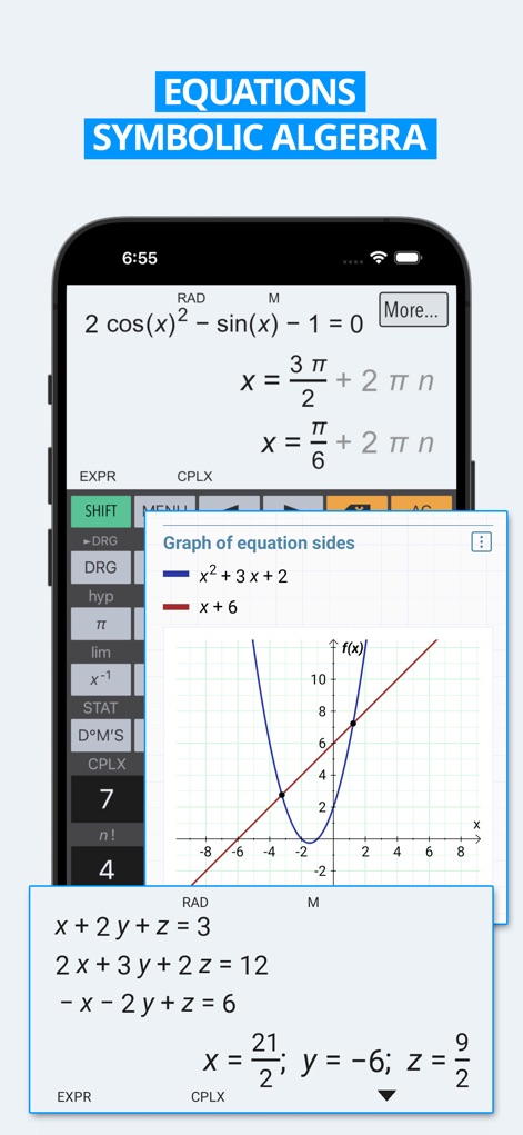 HiPER Scientific Calculator - A tela ilustra a resolução de equações com álgebra simbólica (como 2 cos(x)^2 - sin(x) - 1 = 0) e a representação visual dos lados da equação em um gráfico.
