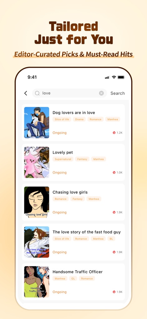 QToon & Manhwa - This feature delivers highly relevant search results, presenting comic listings complete with descriptive genre badges and displayed view counts.