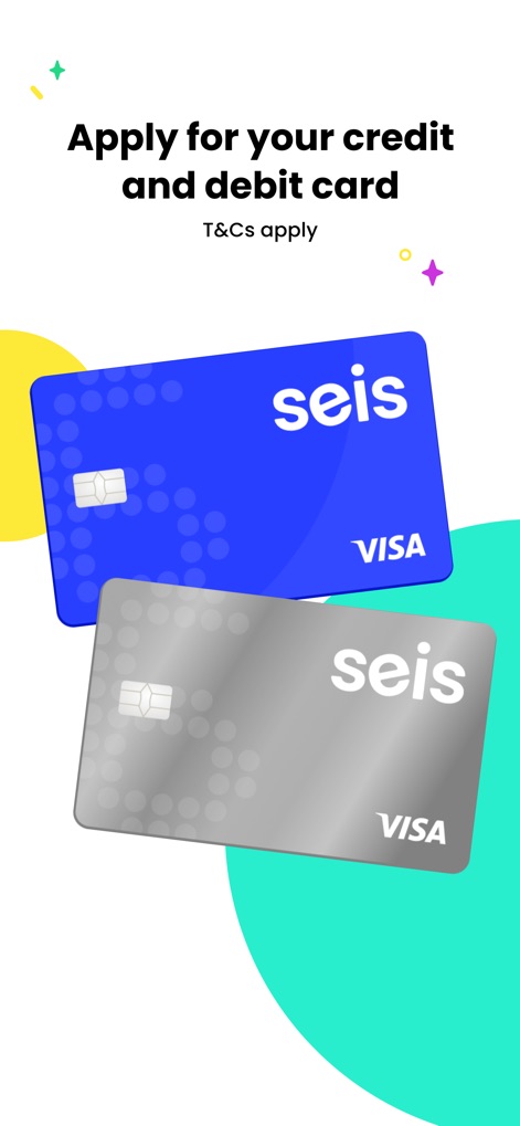 Seis: Mobile Finances - Die App ermöglicht die Beantragung von Finanzkarten, wobei die blaue und silberne Visa-Karte das vielfältige Angebot für Nutzer visuell verdeutlichen.