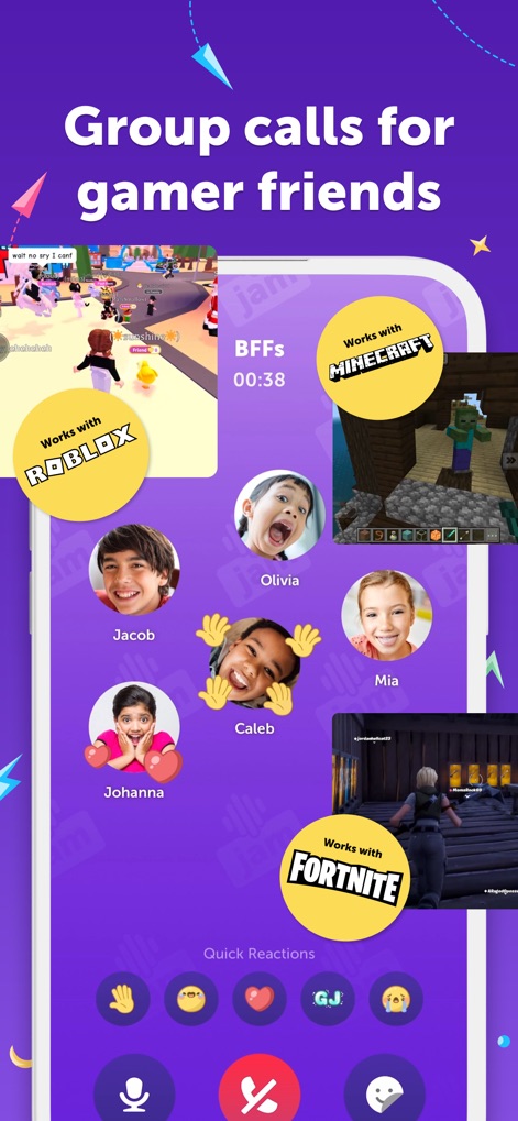 Kinzoo: Fun All-Ages Messenger - O recurso de chamada em grupo permite que amigos gamer compartilhem suas telas, exibindo jogos como Minecraft e Fortnite, enquanto usam reações rápidas.