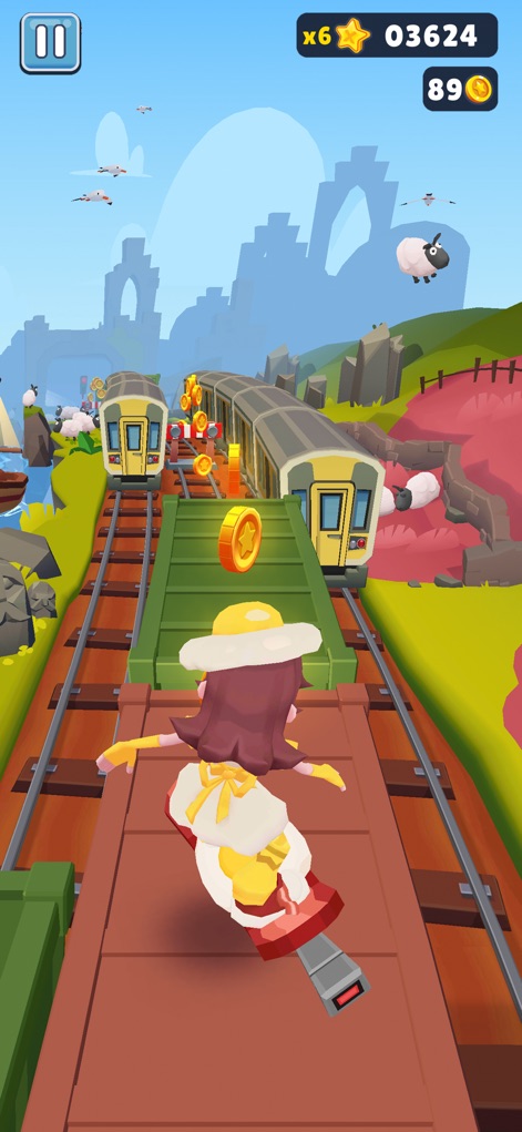 Subway Surfers - Observe the exhilarating hoverboard surfing mechanic, allowing players to navigate train tops amidst varied environmental details like grazing sheep and numerous trains.