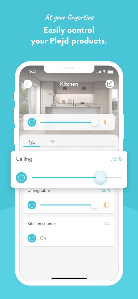 Plejd - この画面では、天井やダイニングテーブルなど特定のデバイスに対して、個別の調光スライダーと具体的なパーセンテージ表示で詳細な調整が可能です。