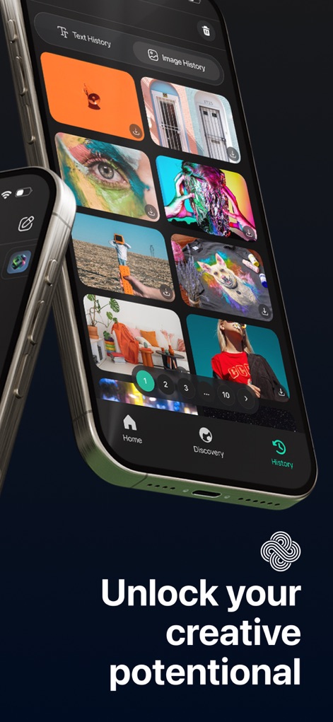 Ocean AI-Chatbot・Ask Anything - Die App zeigt eine dynamische Galerie bunter Bilder in der Bildhistorie und ermöglicht Nutzern, ihre Kreationen zu verwalten und über die integrierte Navigation auf Entdeckungsreise zu gehen.