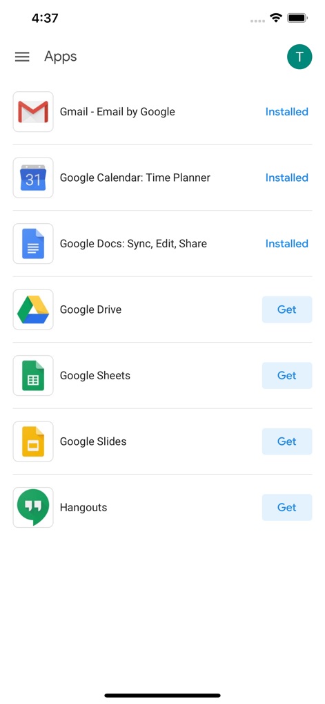 Google Device Policy - The app presents a curated list of corporate applications, allowing users to easily see which apps are "Installed" and access others with a simple "Get" button.