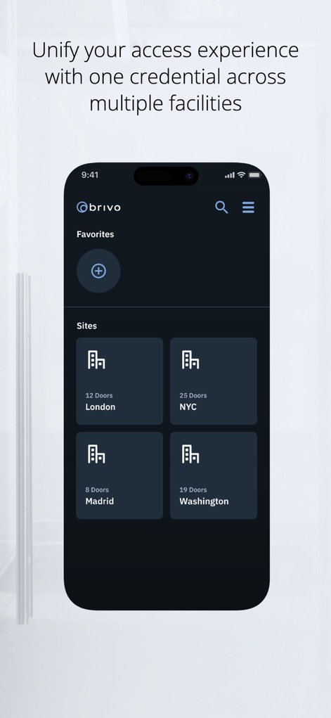 Brivo Mobile Pass - Discover how this tool allows users to manage access across various "Sites" like "London" and "NYC", centralizing control for multiple facilities within a single interface.