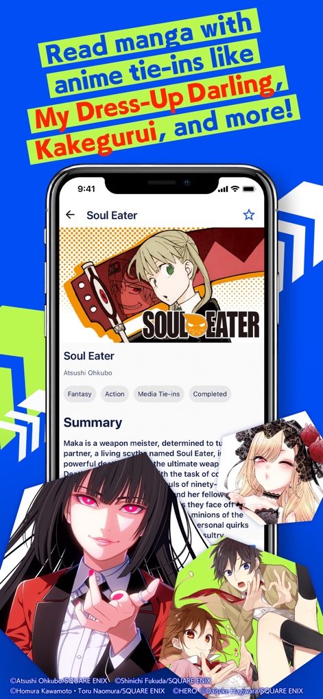 Manga UP! - Access comprehensive series information, including genre tags and detailed summaries, for popular anime tie-in titles such as Soul Eater and My Dress-Up Darling.