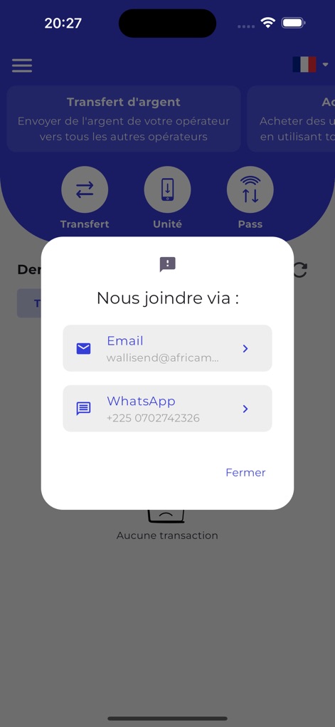 WalliSend - Users benefit from instant support via clear email and WhatsApp options, easily accessible through a concise pop-up menu.