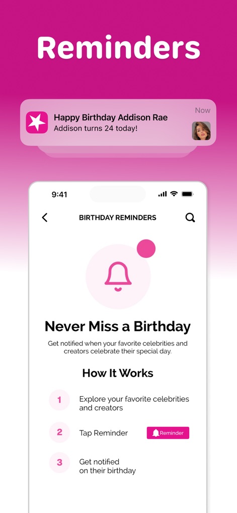Famous Birthdays - The app offers personalized birthday notifications, exemplified by a 'Happy Birthday' pop-up, and a clear 'How It Works' guide for setting up reminders.