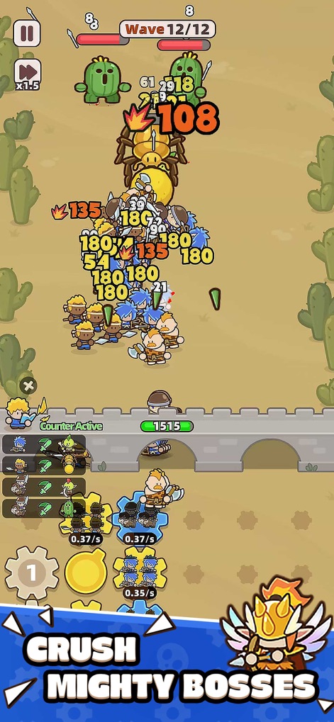 Gear Defenders - Witness intense combat against powerful bosses like the giant desert beetle and dynamic damage numbers.