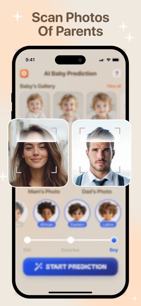 Future Baby Generator・AI Face - Les utilisateurs peuvent charger les photos des parents dans des emplacements clairs et choisir des options comme le sexe et les préférences ethniques (Africain, Latino).