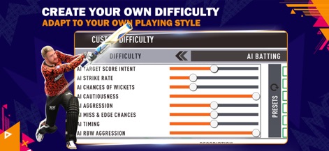 Real Cricket™ Swipe - Tailor the AI to your playing style using adjustable parameters such as "AI Strike Rate" and "AI Aggression" for a personalized challenge.