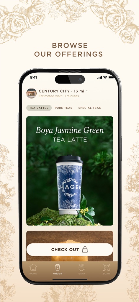 CHAGEE USA - O usuário pode navegar facilmente pela seleção de bebidas, com o destaque para o "Boya Jasmine Green TEA LATTE" e as abas de categorias bem definidas, como "TEA LATTES" e "PURE TEAS".