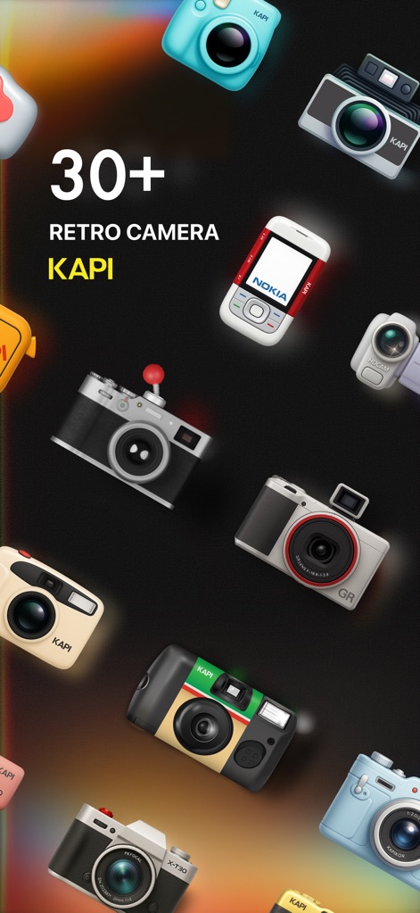 Kapi Cam - Y2K & CCD Camera - The app showcases its extensive '30+ RETRO CAMERA' collection and the diverse range of vintage camera icons available for users to explore.